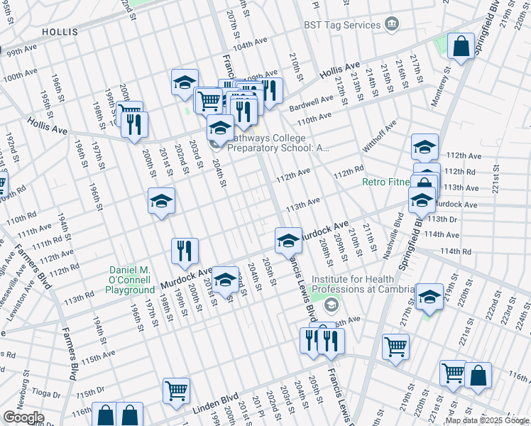 map of restaurants, bars, coffee shops, grocery stores, and more near 205-23 113th Avenue in Queens