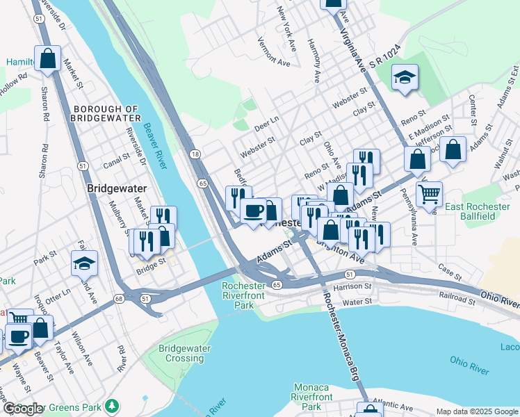 map of restaurants, bars, coffee shops, grocery stores, and more near 168 West Madison Street in Rochester