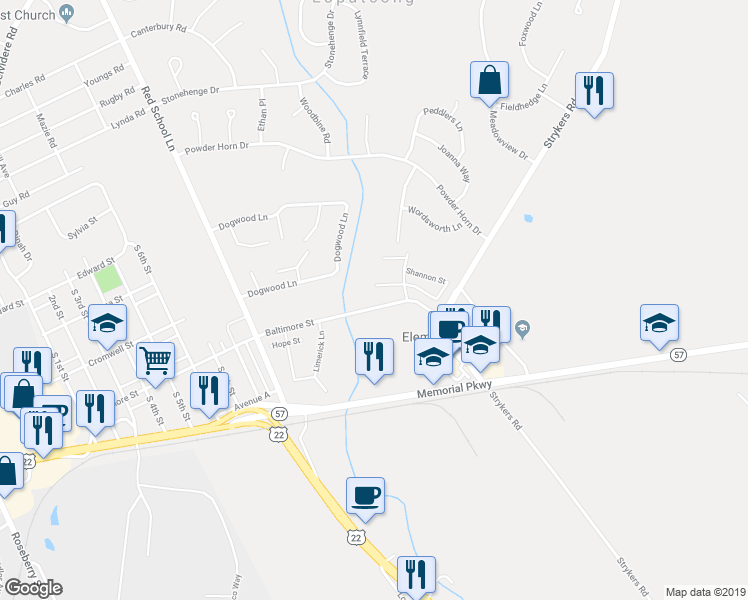 map of restaurants, bars, coffee shops, grocery stores, and more near 242 Windmill Court in Phillipsburg
