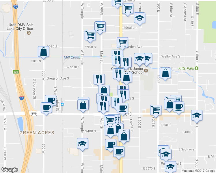 map of restaurants, bars, coffee shops, grocery stores, and more near 21 East Angelo Avenue in South Salt Lake