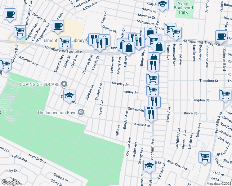 map of restaurants, bars, coffee shops, grocery stores, and more near Doherty Avenue in Elmont