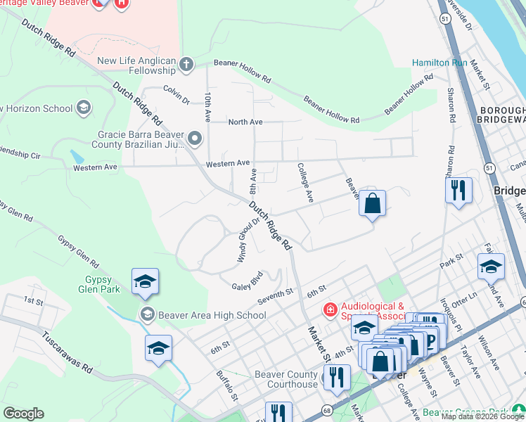 map of restaurants, bars, coffee shops, grocery stores, and more near 101 Windy Ghoul Drive in Beaver