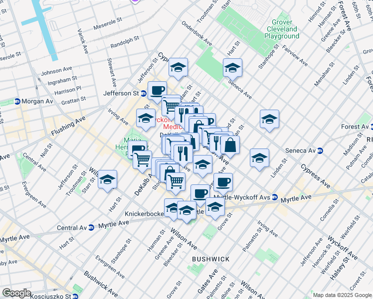 map of restaurants, bars, coffee shops, grocery stores, and more near 306 Stockholm Street in Brooklyn