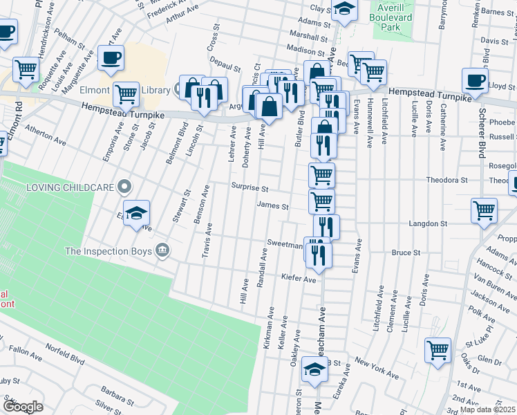 map of restaurants, bars, coffee shops, grocery stores, and more near 221 Hill Avenue in Elmont