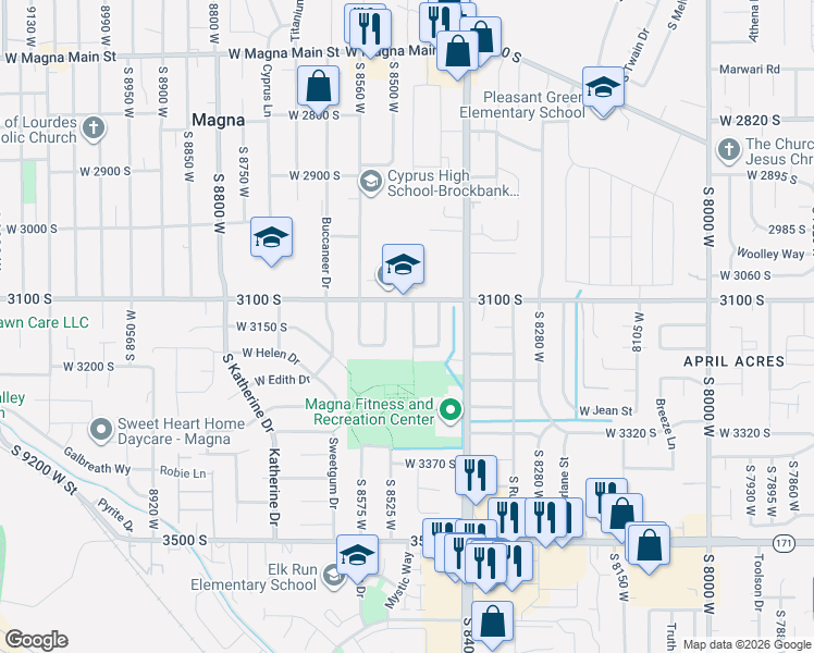 map of restaurants, bars, coffee shops, grocery stores, and more near 3146 South Vivian Street in Magna