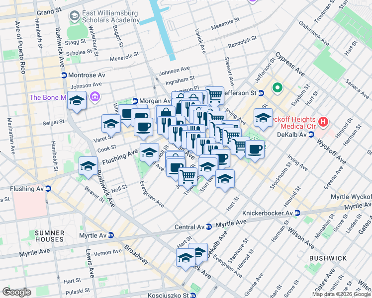 map of restaurants, bars, coffee shops, grocery stores, and more near 55 Wilson Avenue in Brooklyn