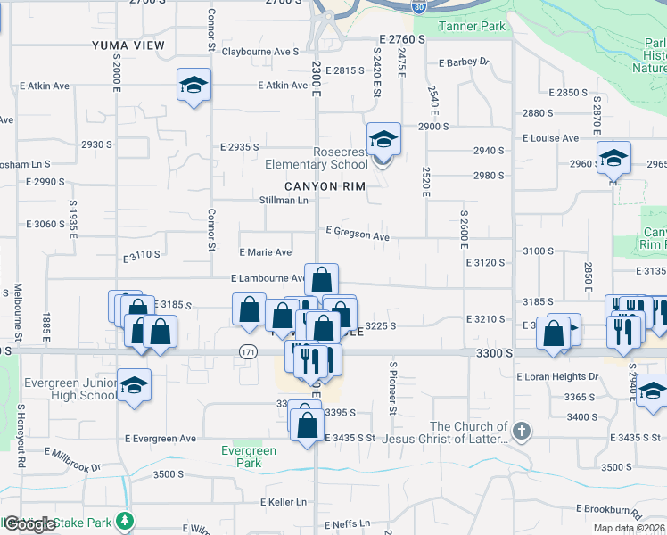 map of restaurants, bars, coffee shops, grocery stores, and more near 3123 South 2300 East in Millcreek