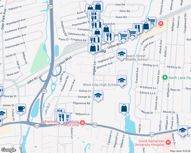 map of restaurants, bars, coffee shops, grocery stores, and more near 11 Dubois Road in West Islip