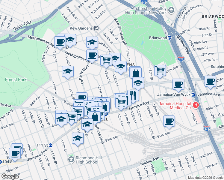 map of restaurants, bars, coffee shops, grocery stores, and more near 122-09 Hillside Avenue in Queens