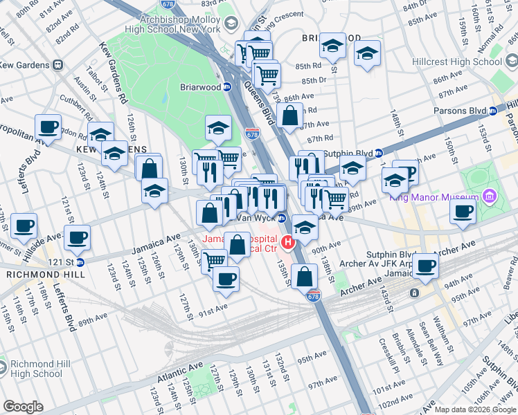 map of restaurants, bars, coffee shops, grocery stores, and more near 135-10 Jamaica Avenue in Queens