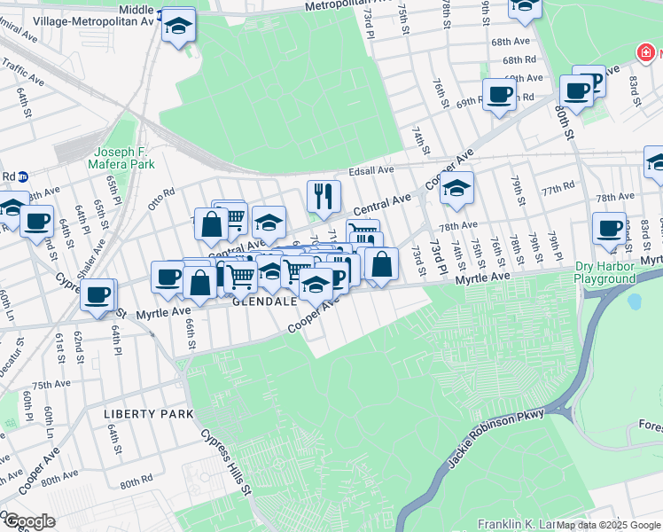 map of restaurants, bars, coffee shops, grocery stores, and more near in Queens