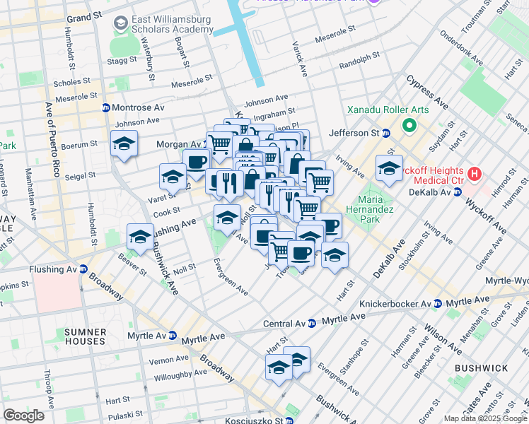 map of restaurants, bars, coffee shops, grocery stores, and more near 26 Wilson Avenue in Brooklyn
