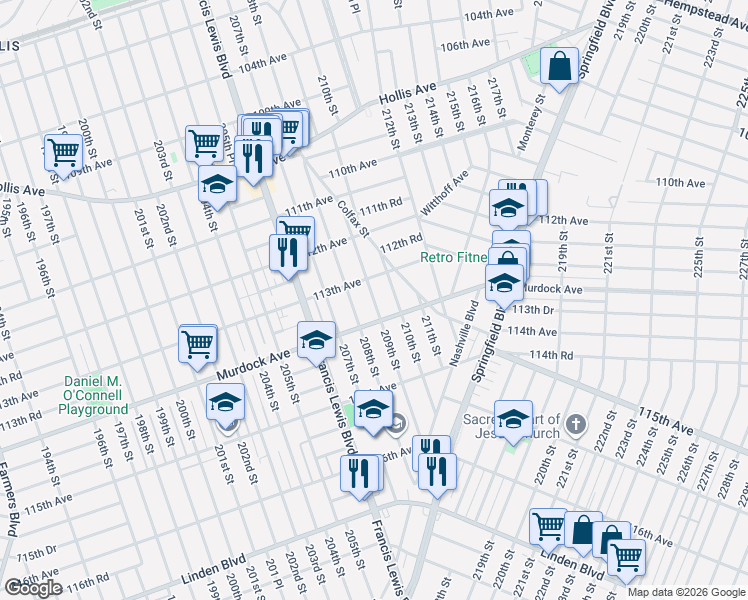 map of restaurants, bars, coffee shops, grocery stores, and more near 113-40 209th Street in Queens