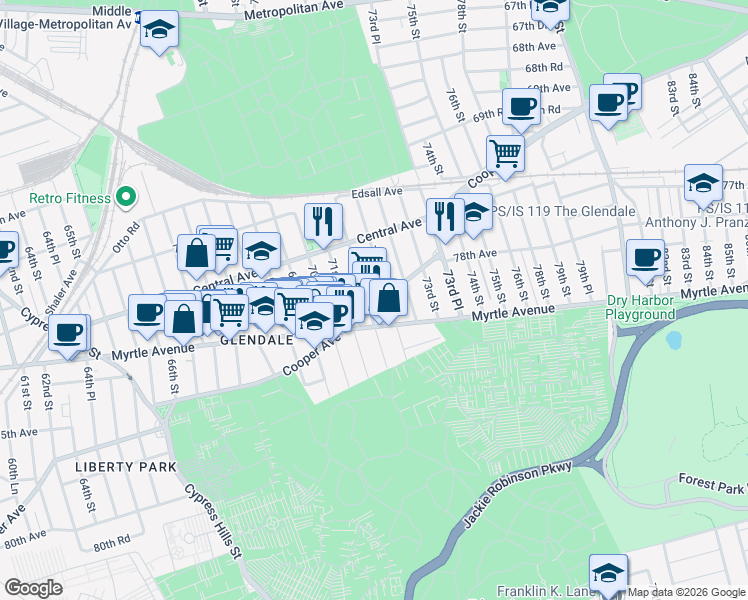 map of restaurants, bars, coffee shops, grocery stores, and more near 71-66 71st Place in Queens