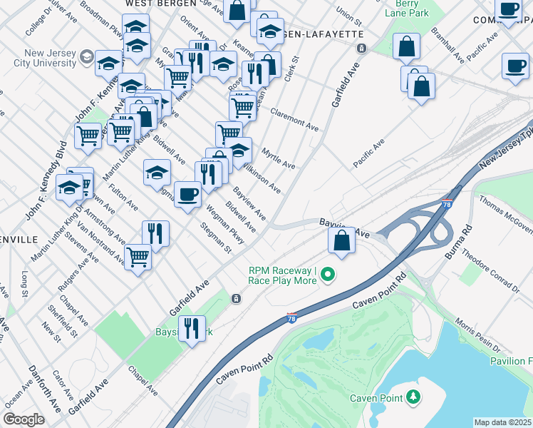 map of restaurants, bars, coffee shops, grocery stores, and more near 14 Bidwell Avenue in Jersey City