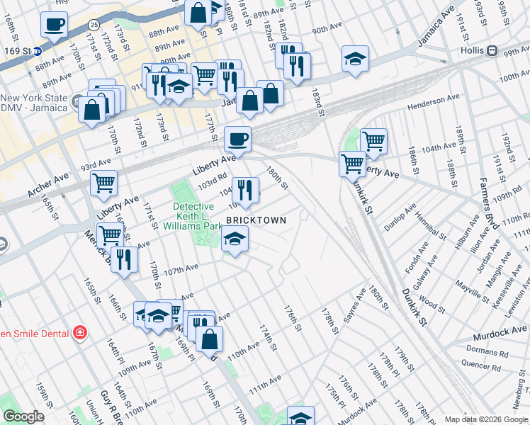 map of restaurants, bars, coffee shops, grocery stores, and more near 106-17 177th Street in Queens