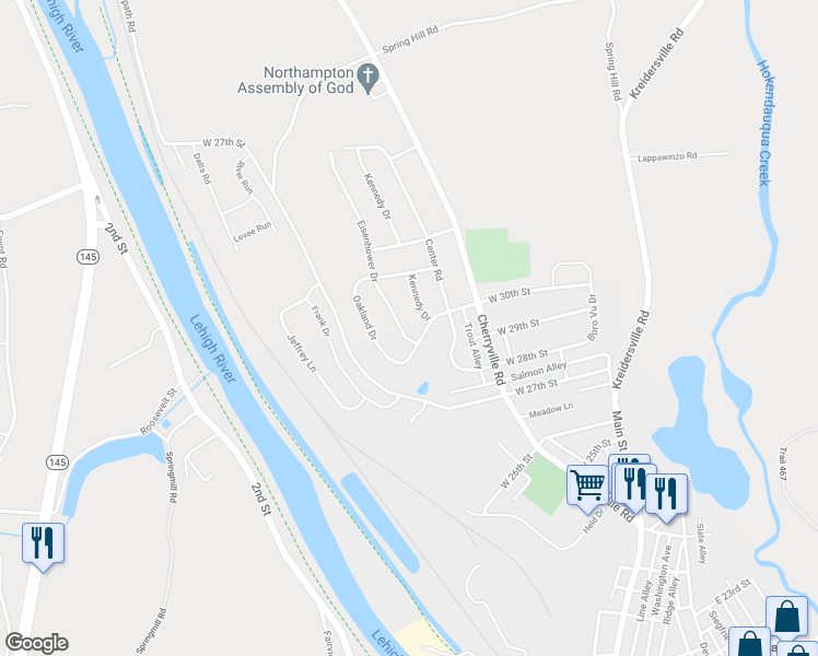 map of restaurants, bars, coffee shops, grocery stores, and more near 3015 Eisenhower Drive in Northampton