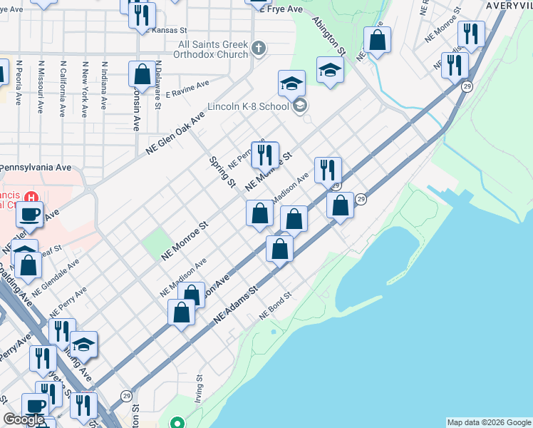 map of restaurants, bars, coffee shops, grocery stores, and more near 1304 Northeast Madison Avenue in Peoria