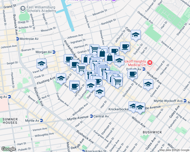 map of restaurants, bars, coffee shops, grocery stores, and more near 244 Knickerbocker Avenue in Brooklyn