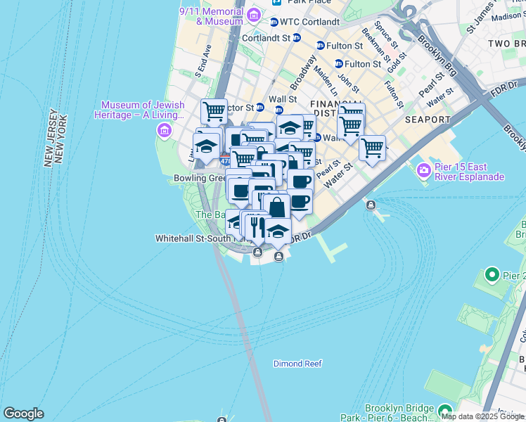 map of restaurants, bars, coffee shops, grocery stores, and more near 39 Whitehall Street in New York