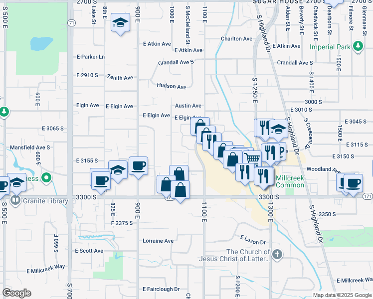 map of restaurants, bars, coffee shops, grocery stores, and more near 3158 McClelland Street East in Salt Lake City