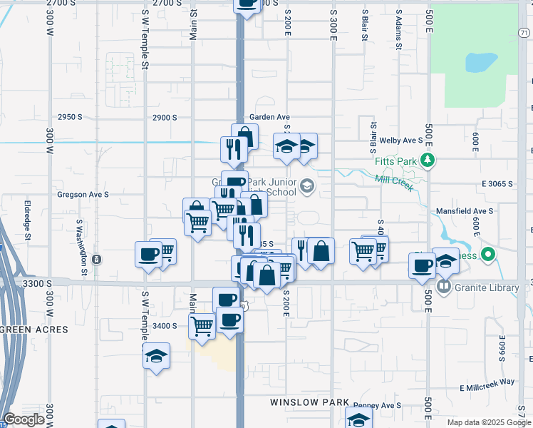 map of restaurants, bars, coffee shops, grocery stores, and more near 177 Townhouse Court in South Salt Lake