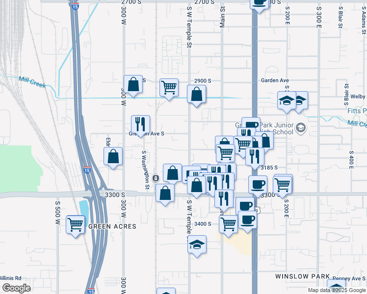 map of restaurants, bars, coffee shops, grocery stores, and more near 3148 South West Temple Street in South Salt Lake