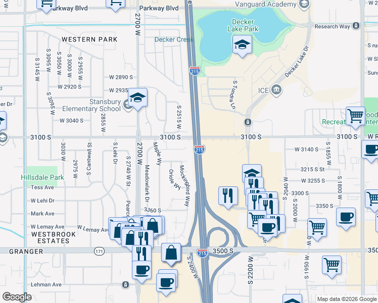 map of restaurants, bars, coffee shops, grocery stores, and more near 2492 Starling Circle in West Valley City