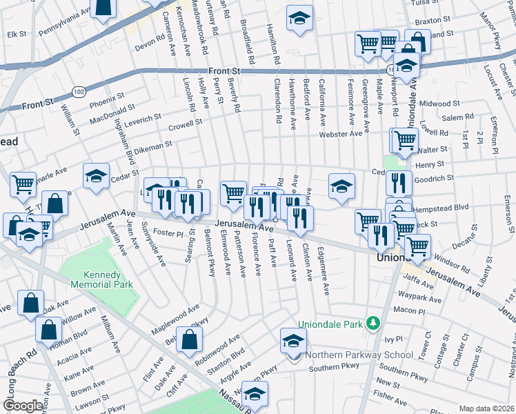 map of restaurants, bars, coffee shops, grocery stores, and more near 211 Rutland Road in Hempstead