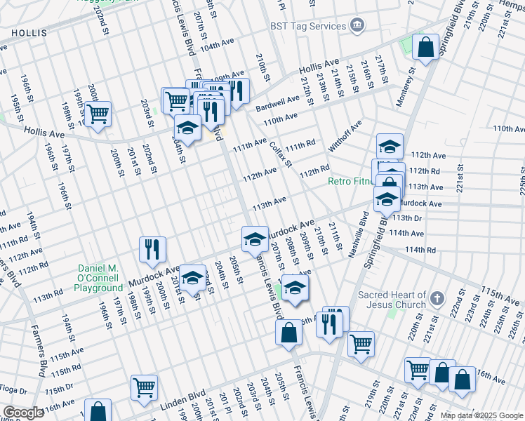 map of restaurants, bars, coffee shops, grocery stores, and more near 113-26 208th Street in Queens
