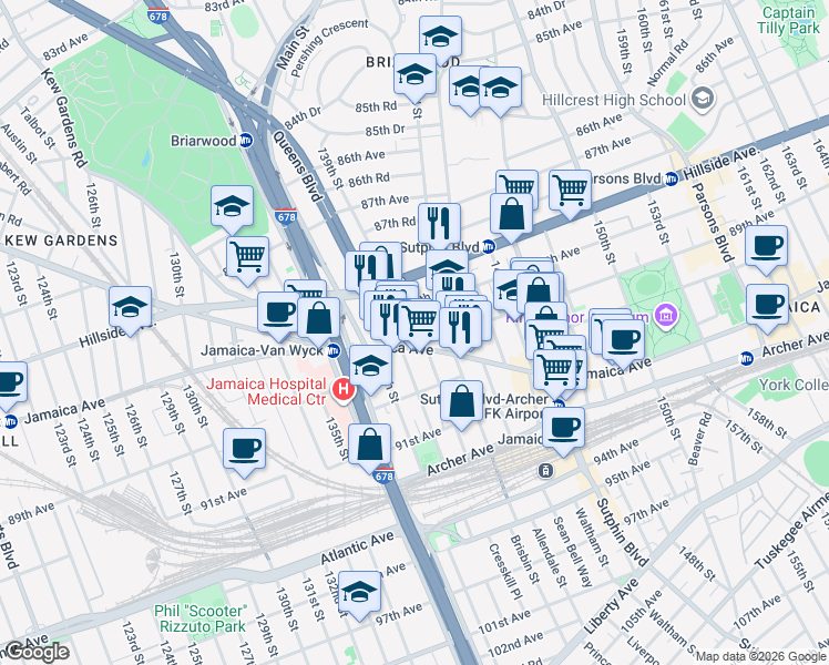 map of restaurants, bars, coffee shops, grocery stores, and more near 138-60 Jamaica Avenue in Queens