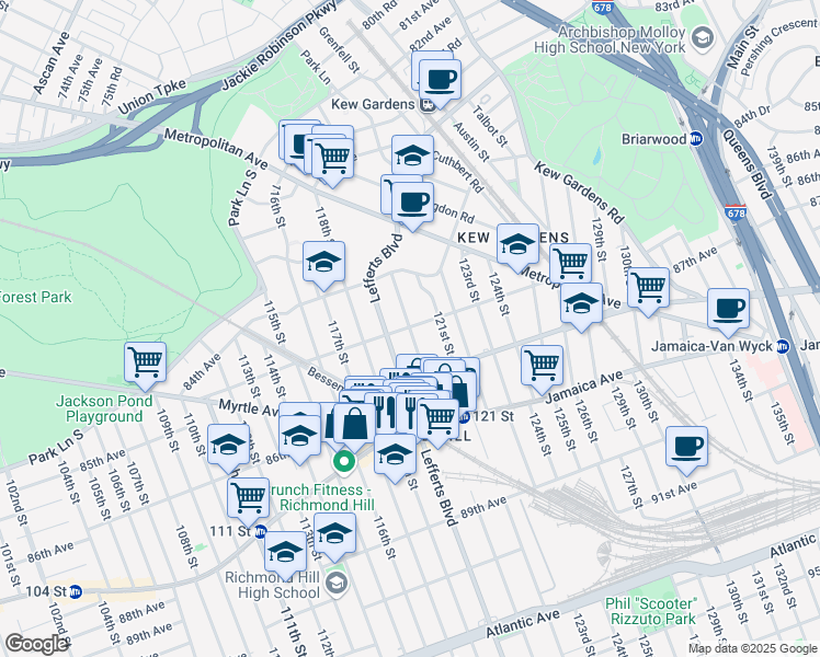map of restaurants, bars, coffee shops, grocery stores, and more near 85-10 120th Street in Queens