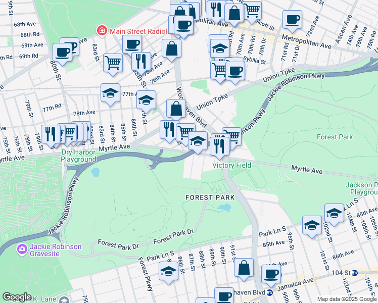 map of restaurants, bars, coffee shops, grocery stores, and more near 82-54 88th Place in Queens