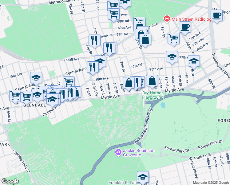 map of restaurants, bars, coffee shops, grocery stores, and more near 74-17 Myrtle Avenue in Queens