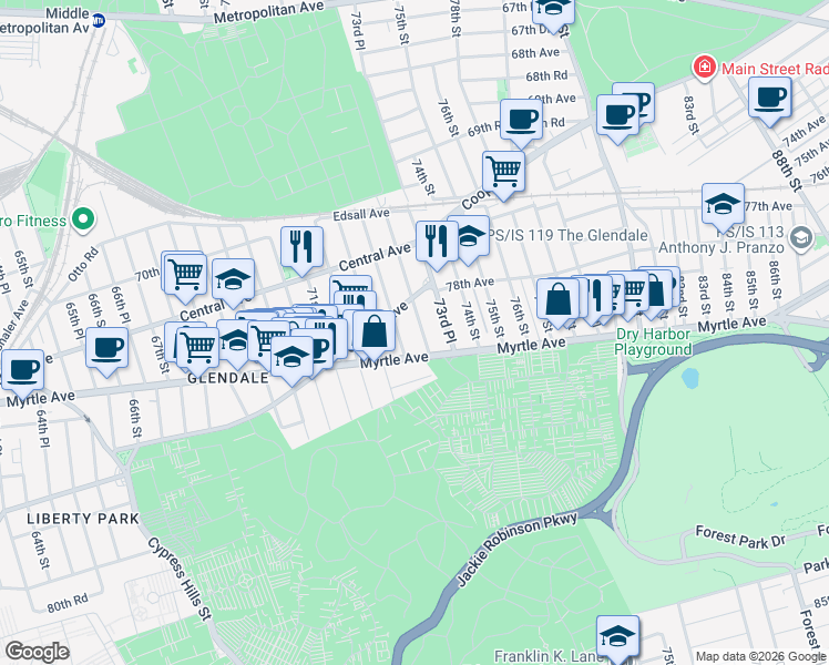 map of restaurants, bars, coffee shops, grocery stores, and more near 58 73rd Street in Queens
