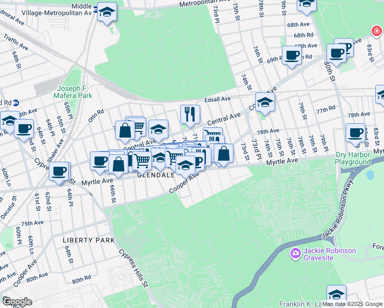 map of restaurants, bars, coffee shops, grocery stores, and more near in Queens