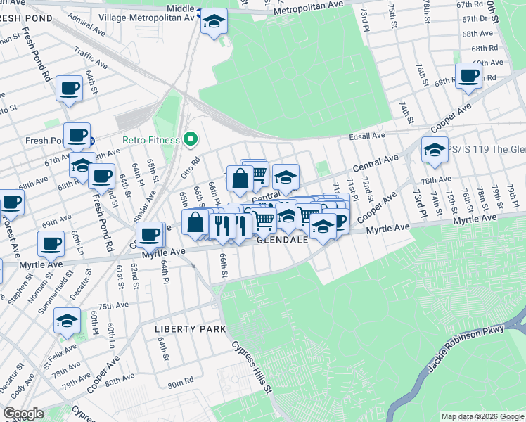 map of restaurants, bars, coffee shops, grocery stores, and more near 71-31 67th Place in Queens