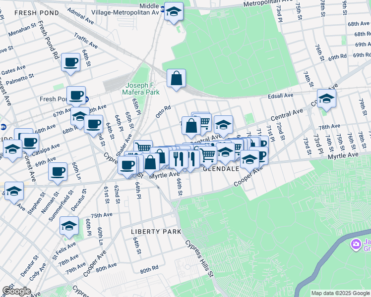 map of restaurants, bars, coffee shops, grocery stores, and more near 71-20 67th Street in Queens