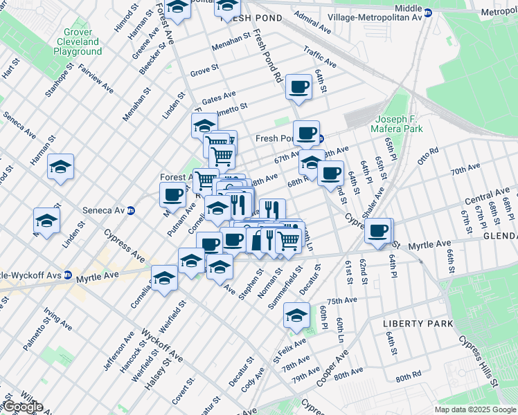 map of restaurants, bars, coffee shops, grocery stores, and more near 60-07 69th Avenue in Queens