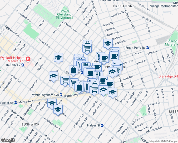map of restaurants, bars, coffee shops, grocery stores, and more near 18-14 Woodbine Street in Queens