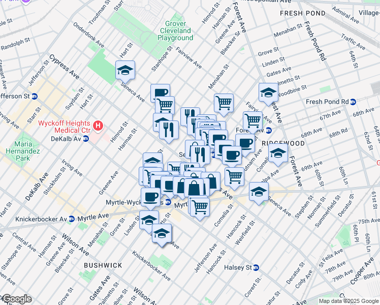 map of restaurants, bars, coffee shops, grocery stores, and more near 17-07 Gates Avenue in Queens