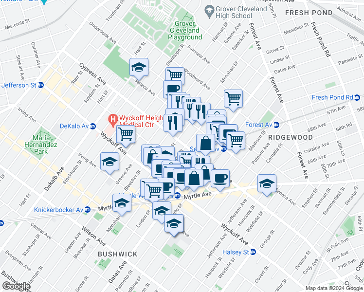 map of restaurants, bars, coffee shops, grocery stores, and more near 16-82 Grove Street in Queens