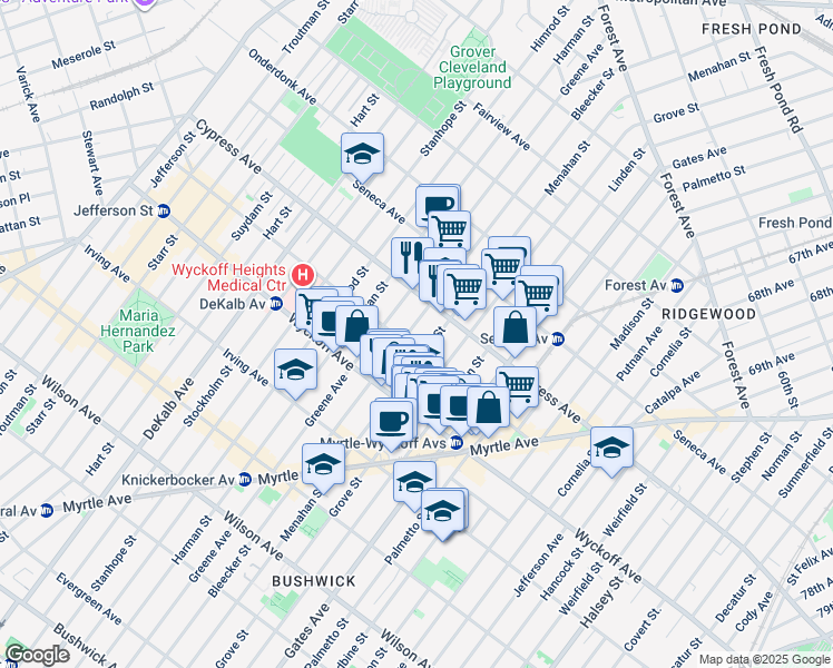 map of restaurants, bars, coffee shops, grocery stores, and more near in Queens