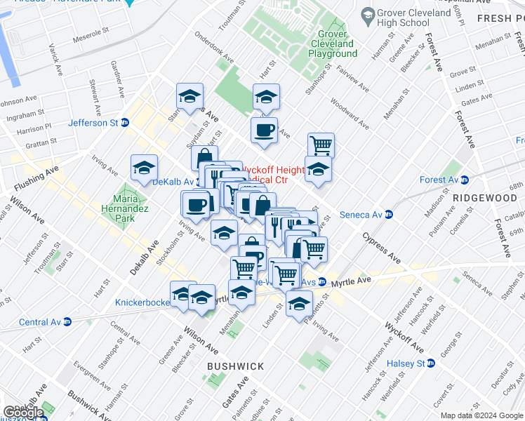 map of restaurants, bars, coffee shops, grocery stores, and more near 1455 Greene Avenue in Brooklyn