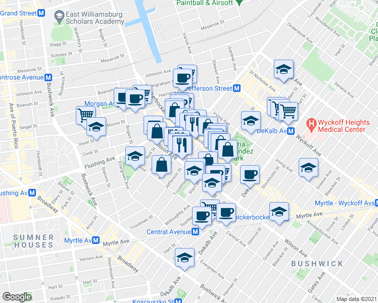 map of restaurants, bars, coffee shops, grocery stores, and more near 236 Jefferson Street in Brooklyn
