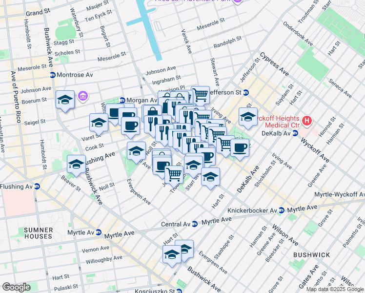 map of restaurants, bars, coffee shops, grocery stores, and more near 55 Wilson Avenue in Brooklyn