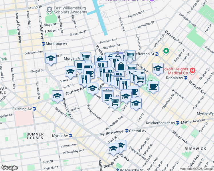 map of restaurants, bars, coffee shops, grocery stores, and more near 85 George Street in Brooklyn