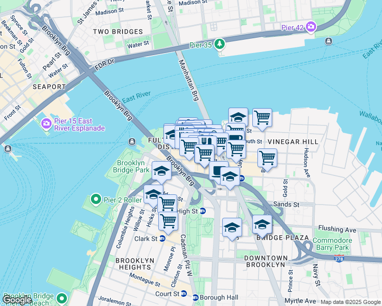 map of restaurants, bars, coffee shops, grocery stores, and more near 52 Front Street in Brooklyn