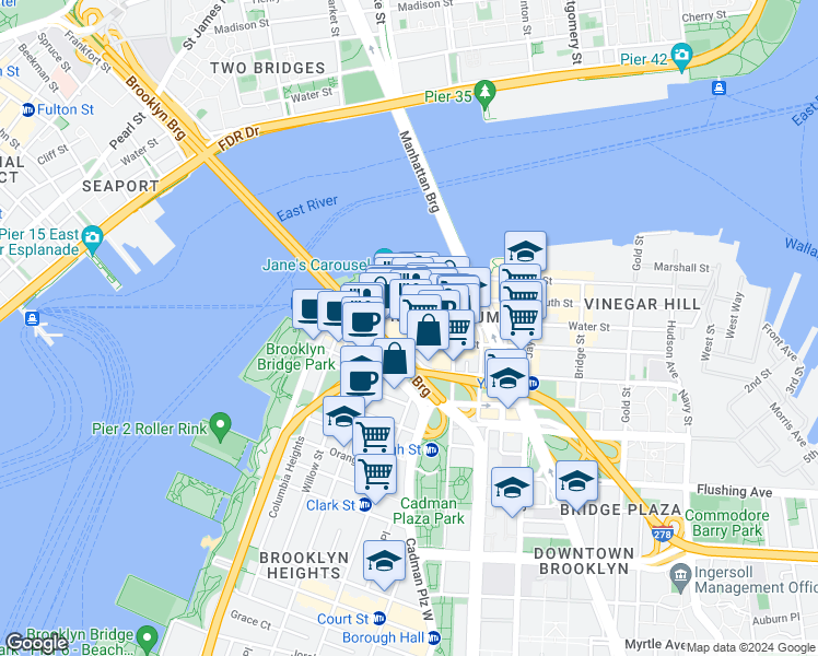 map of restaurants, bars, coffee shops, grocery stores, and more near 66 Water Street in Brooklyn