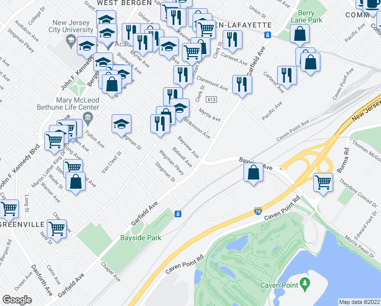 map of restaurants, bars, coffee shops, grocery stores, and more near 14 Bidwell Avenue in Jersey City